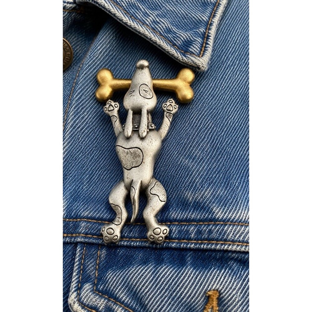 Vintage 90s JJ Jonette Articulated Dog Brooch Silver Pin Pewter Gold Bone Cute